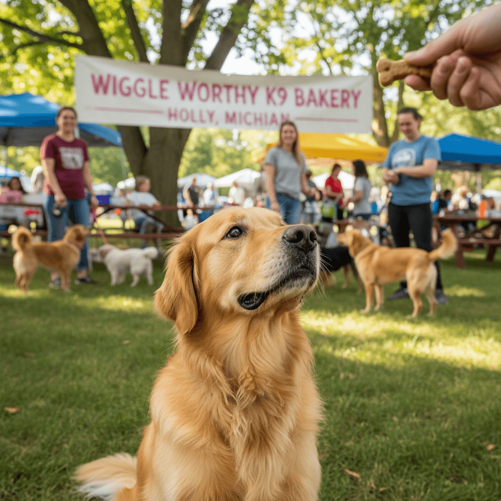 Golden retriever waiting for a treat at an outdoor event