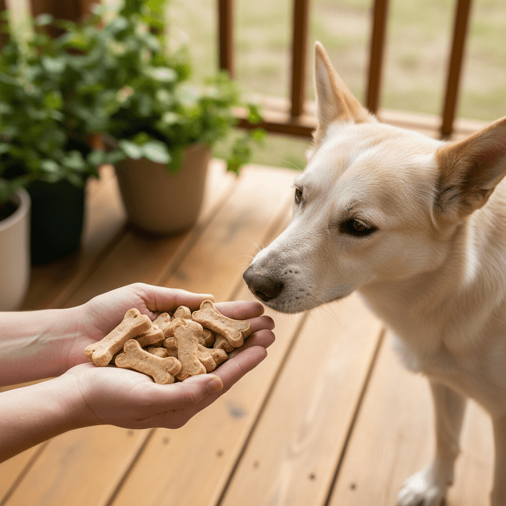 Hand offering treats to a dog on a sunlit porch