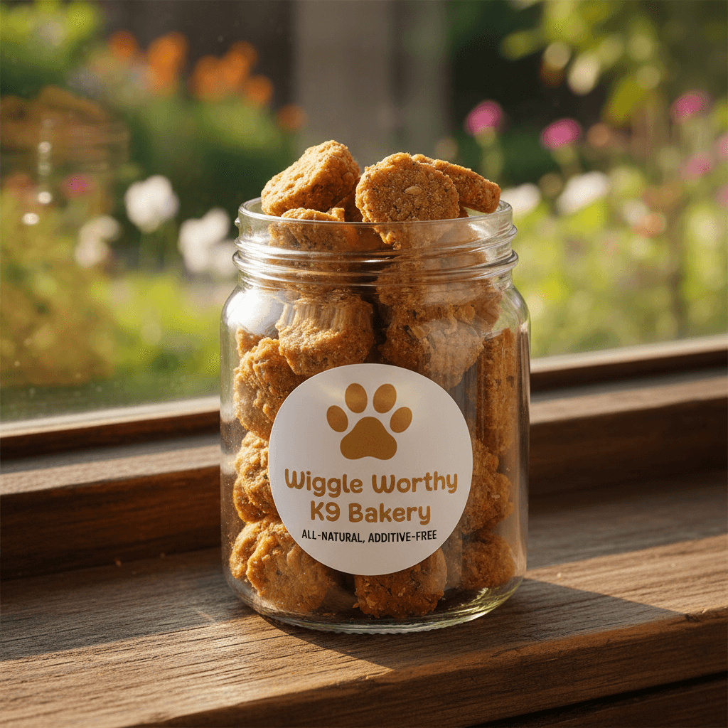 Glass jar of small training treats on windowsill in amber light