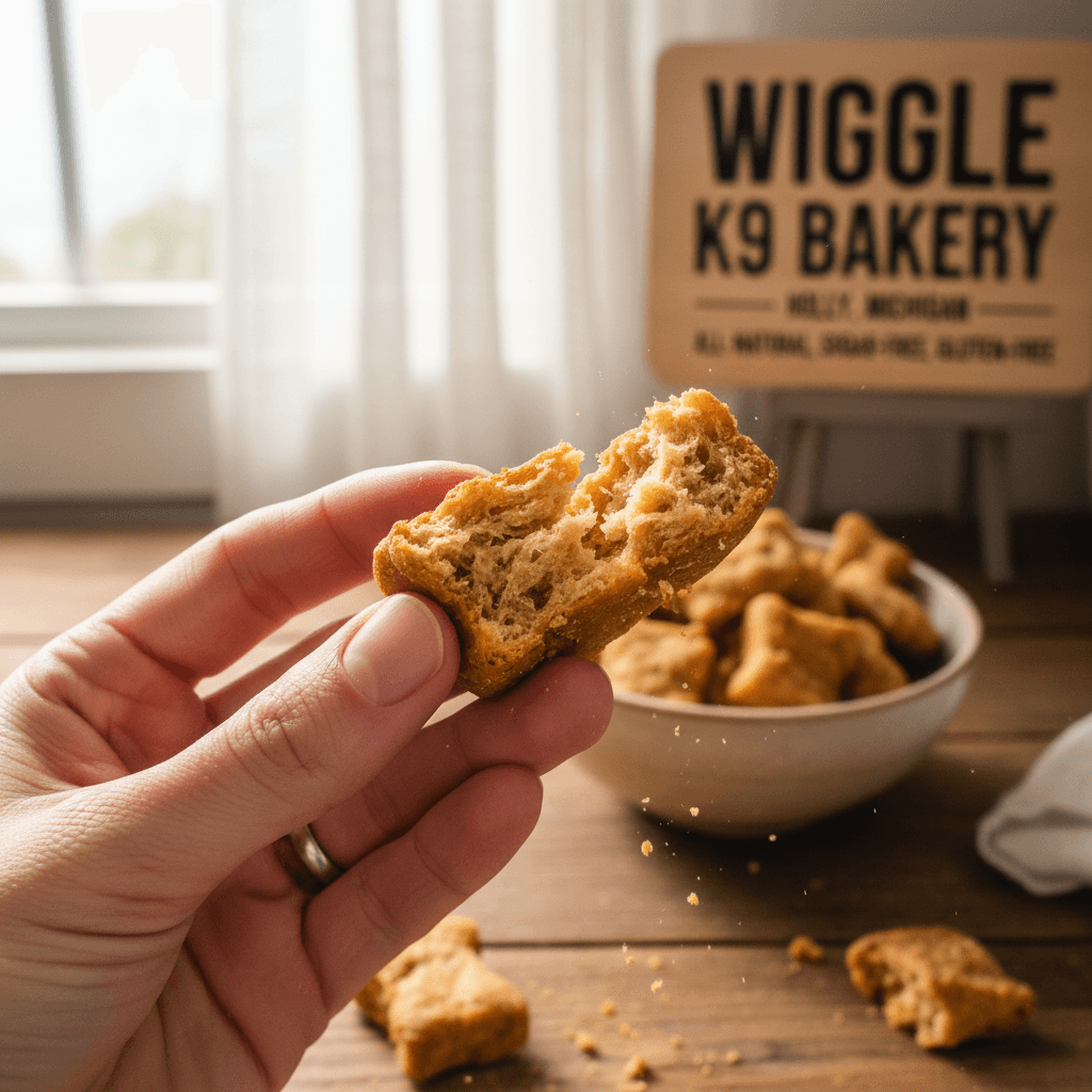 Hand snapping a dehydrated treat in half, revealing clean interior texture
