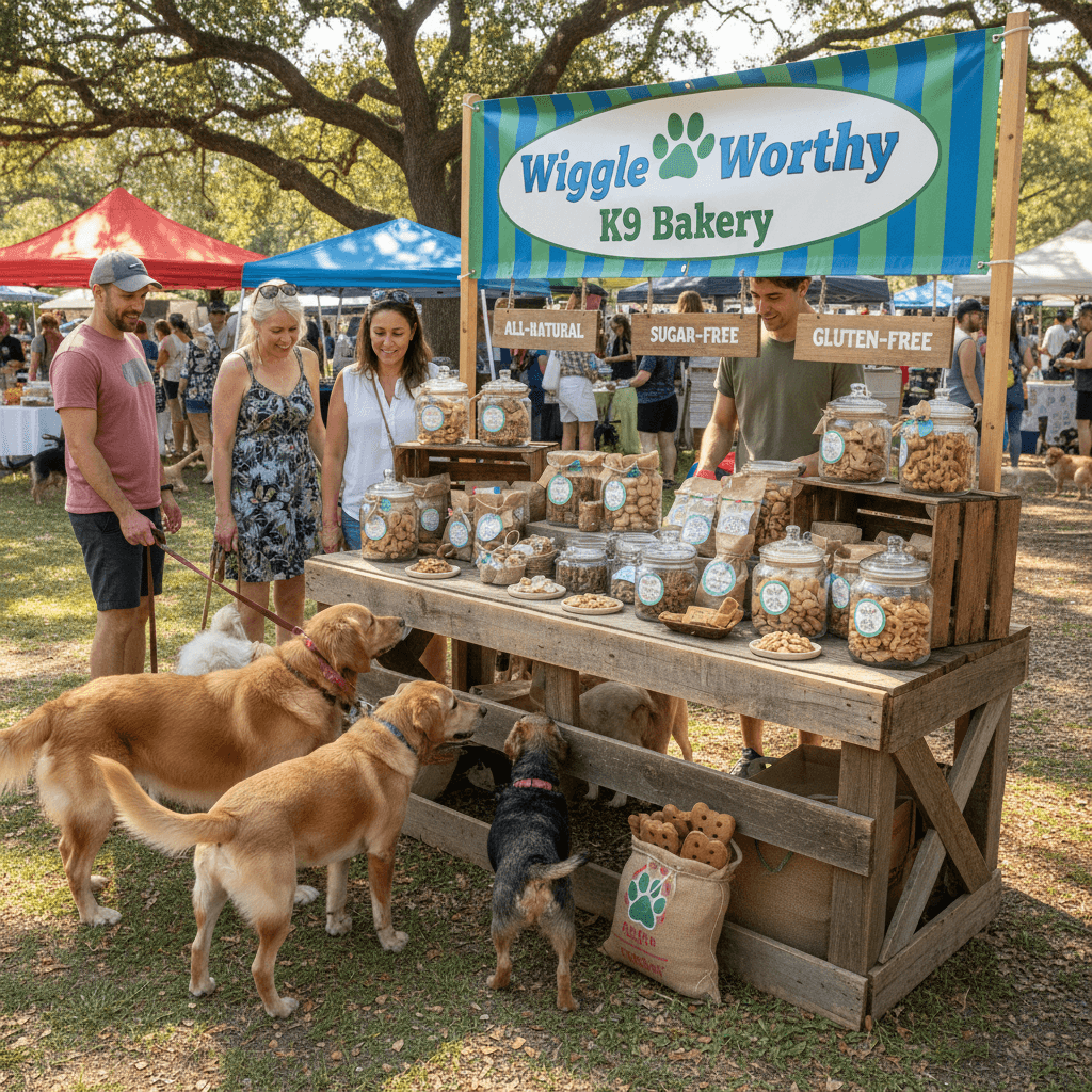 Dog owners browsing outdoor market stalls with their dogs on a sunny day