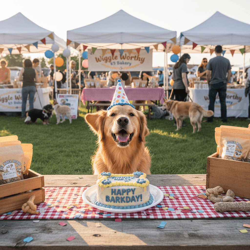Dog celebrating a birthday with a small cake and party hat