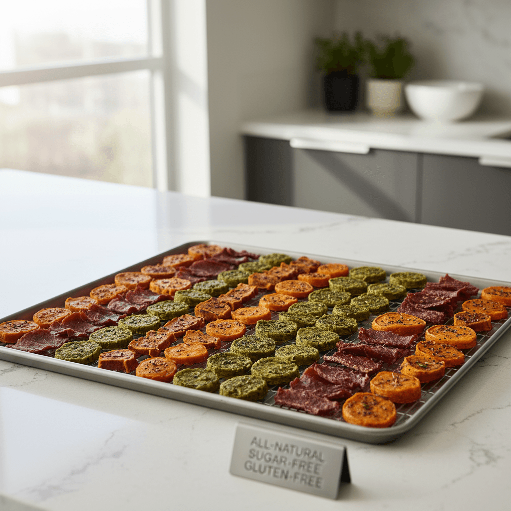 Dehydrator tray with natural dog treats on a kitchen counter in morning light