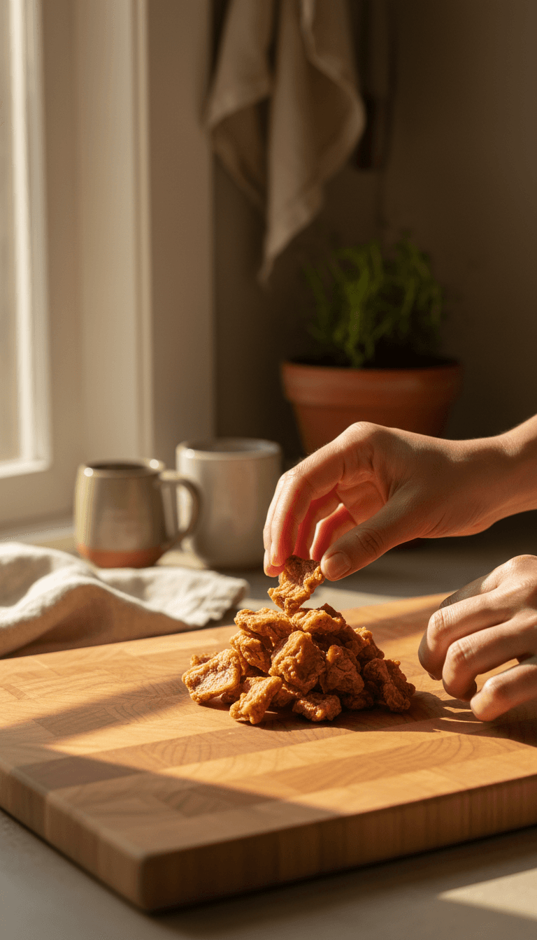 Hands placing homemade dehydrated dog treats on a wooden cutting board in a sunlit kitchen