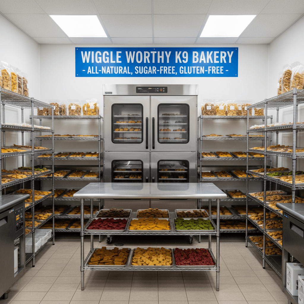 Commercial dehydrator in a certified kitchen with shelves of colorful dog treats.