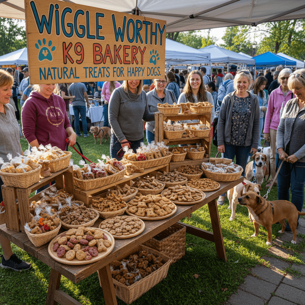 Homemade dog treats on a wooden display table at an outdoor event