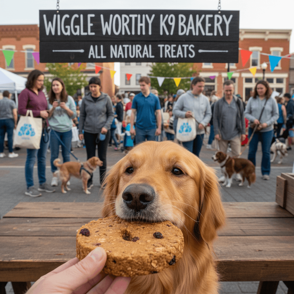 Dog sniffing a homemade treat at a pop-up market