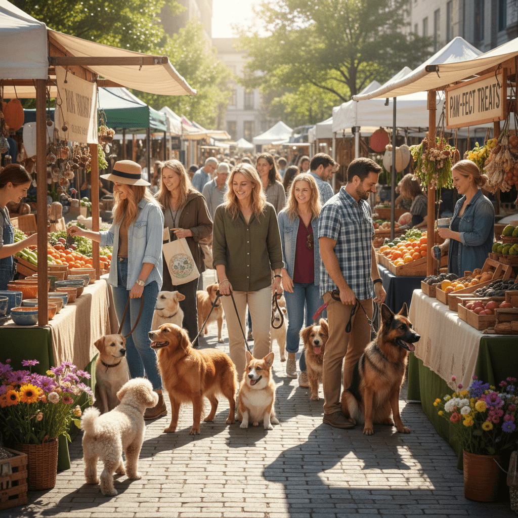 Dog owners browsing outdoor market stalls with their dogs on a sunny day