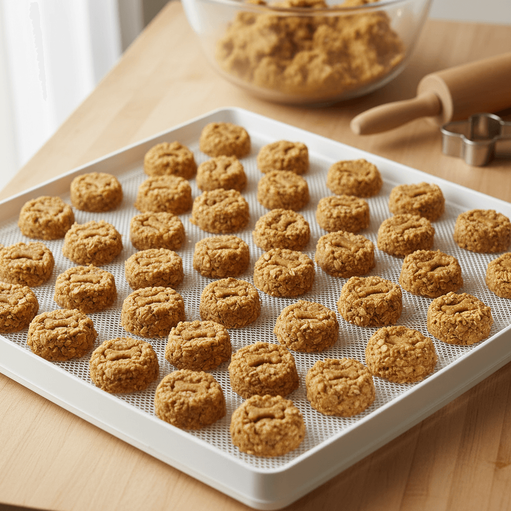Dehydrator tray filled with raw peanut butter dog treats in a bright kitchen.