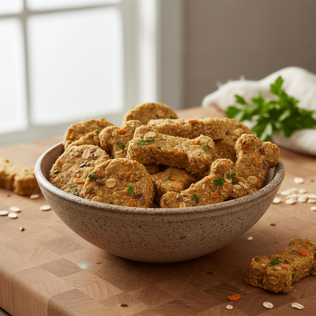 Ceramic bowl with a variety of homemade dog treats on a kitchen counter