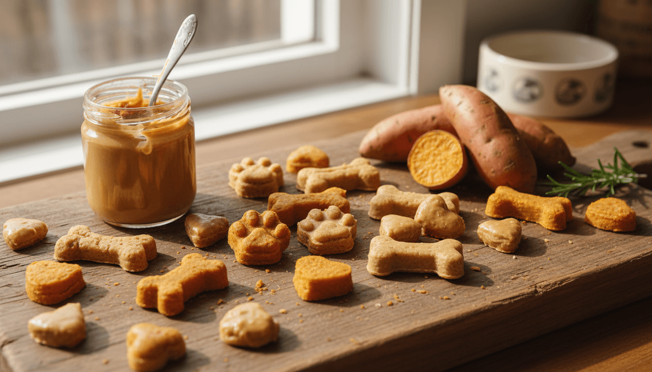 Homemade dog treats arranged on a wooden board with peanut butter and sweet potato shapes