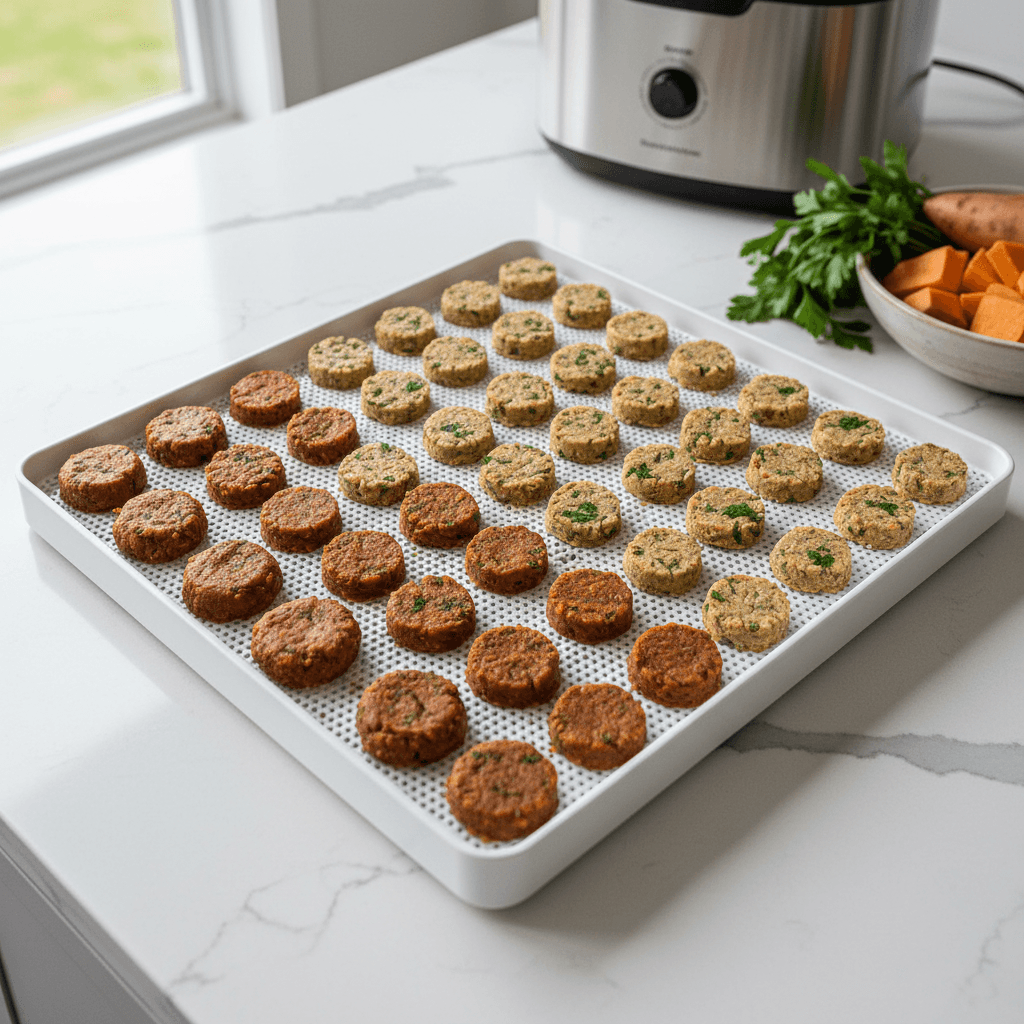 Dehydrator tray with homemade dog treats drying on a kitchen counter