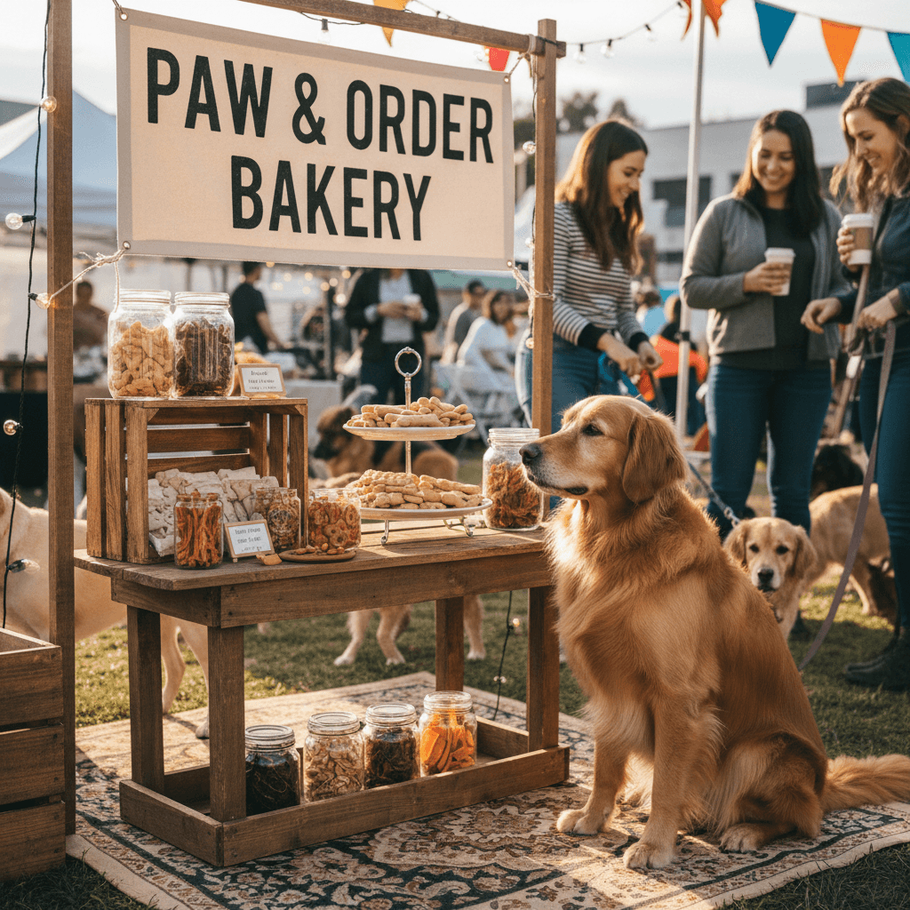 Golden retriever waiting for a treat at an outdoor event