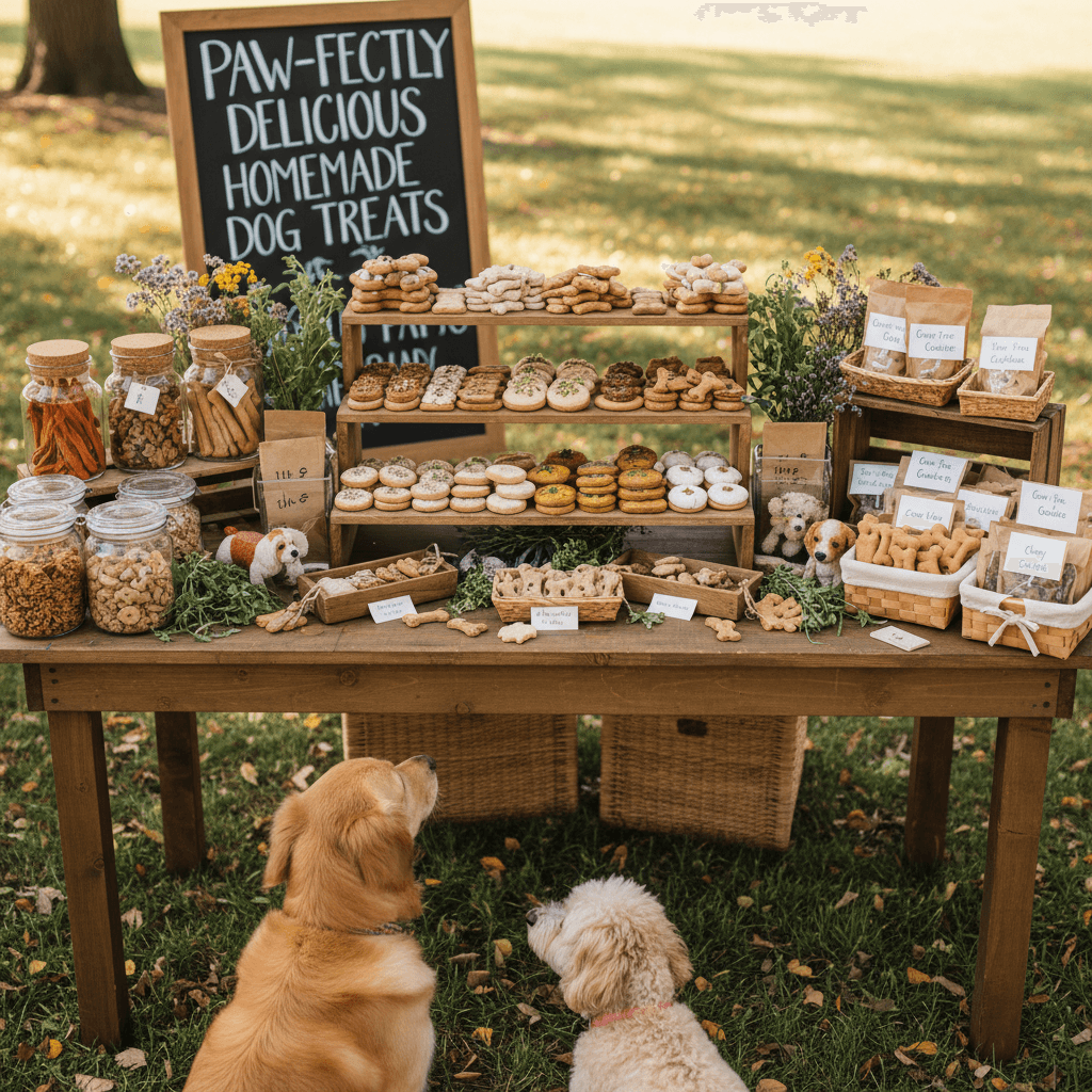 Homemade dog treats on a wooden display table at an outdoor event
