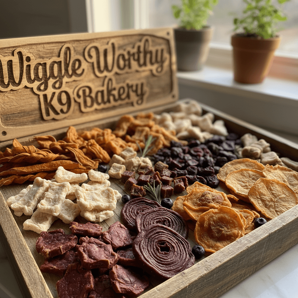 Close-up of natural dog treats on a wooden tray illuminated by morning light, showcasing textures and color