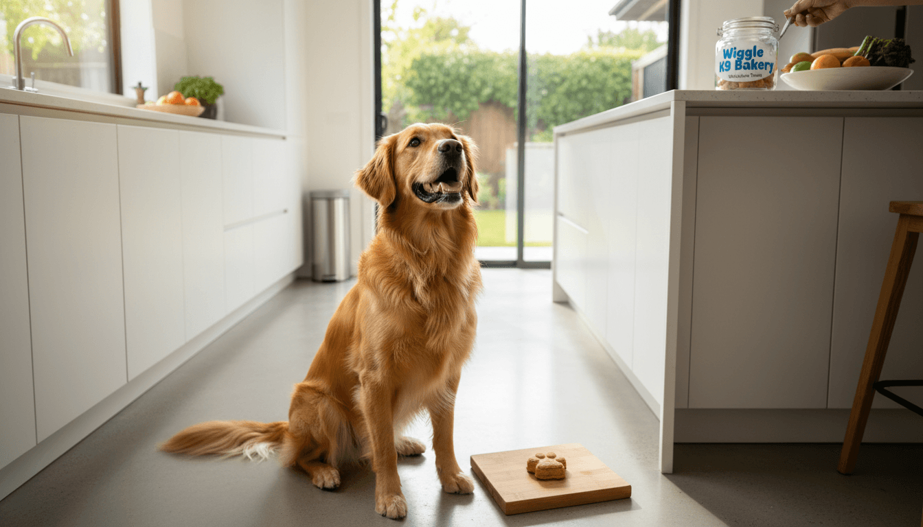 Happy dog sitting patiently on a kitchen floor waiting for a natural treat