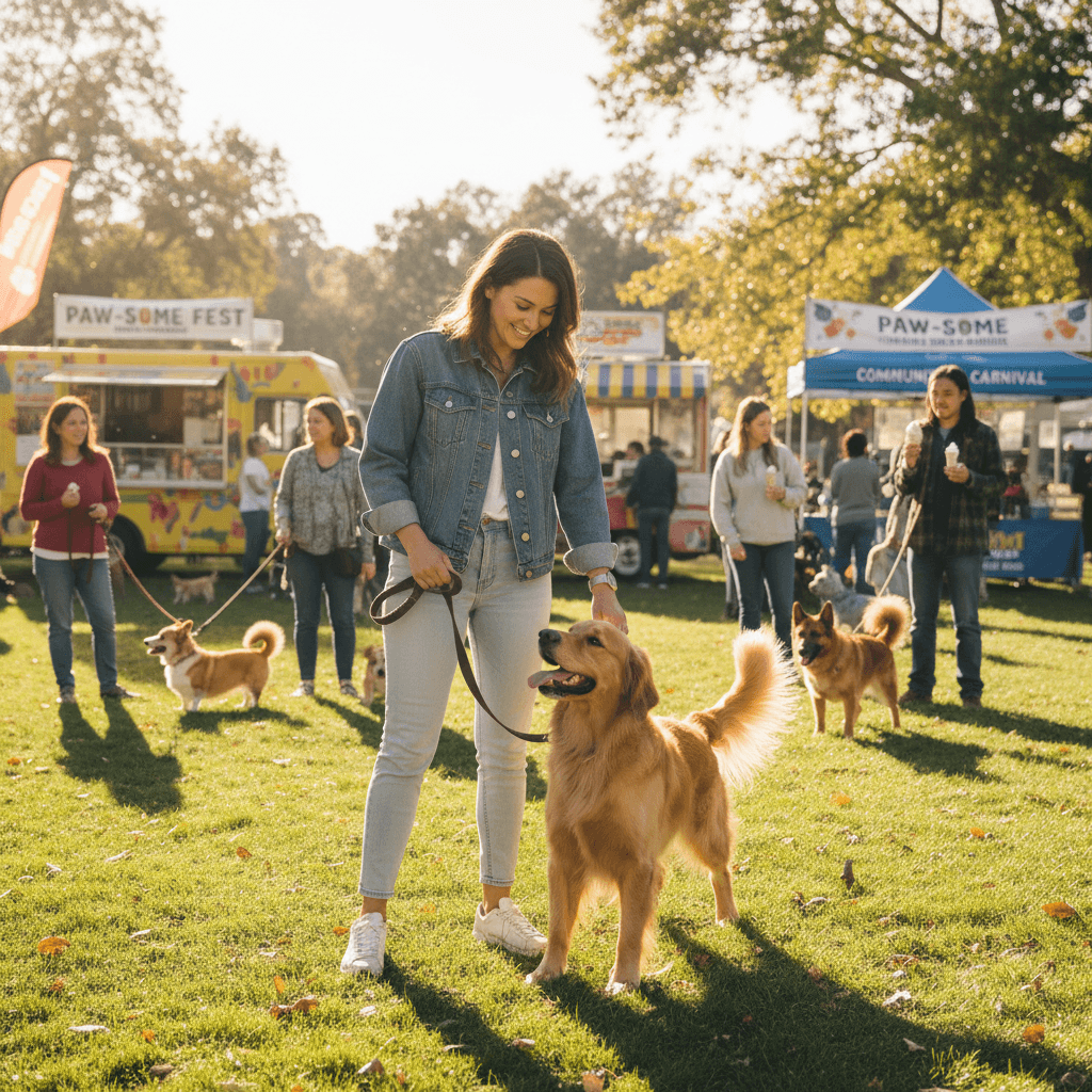 Dog owner with happy dog at a community gathering in Holly