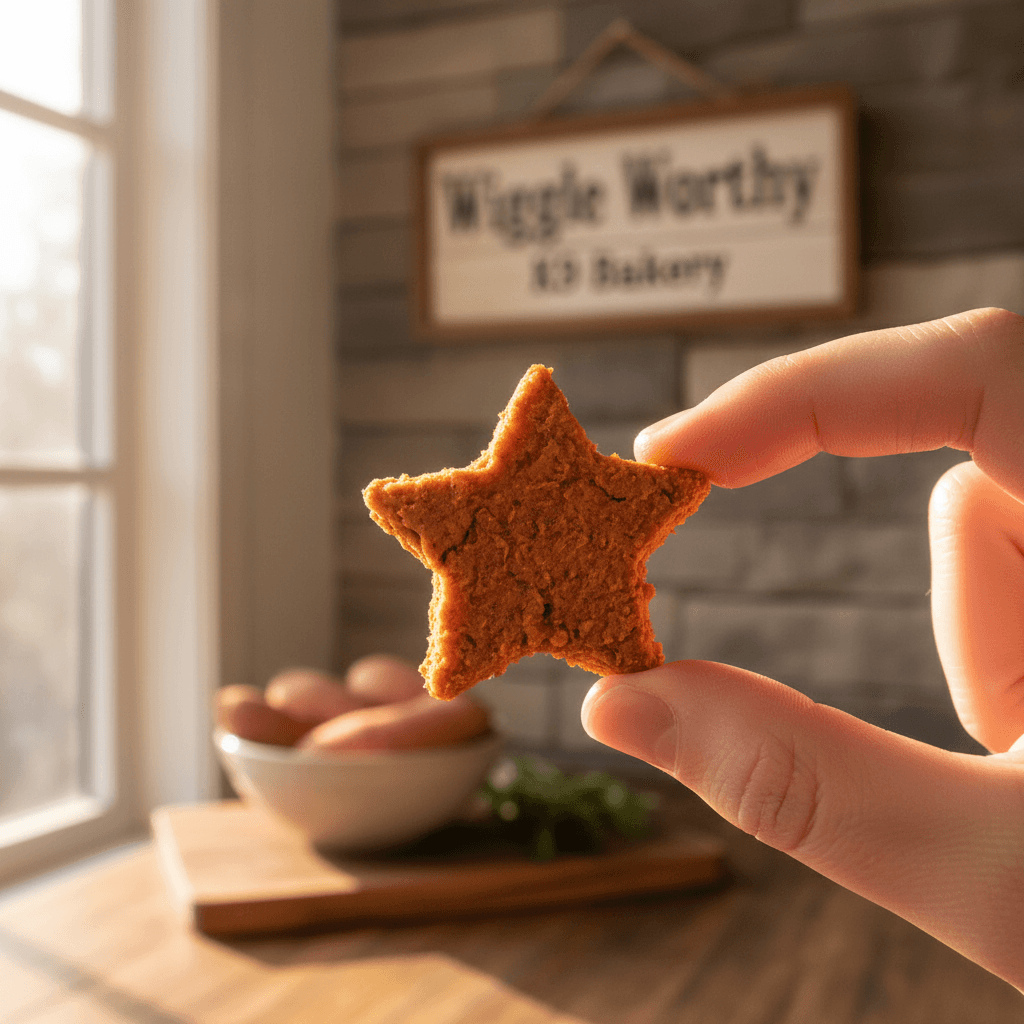 Single sweet potato treat held up to the light showing natural texture and color