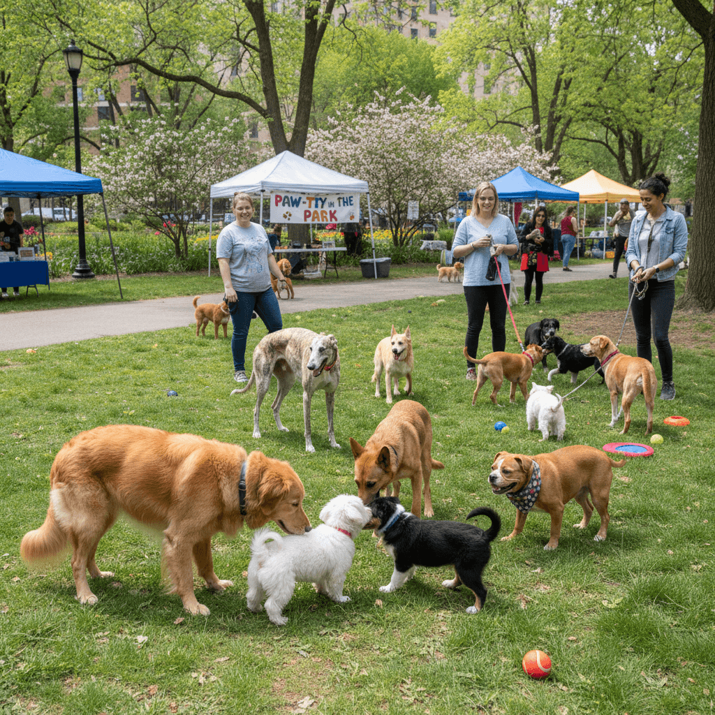 Dogs of all sizes socializing at a Wiggle Worthy event