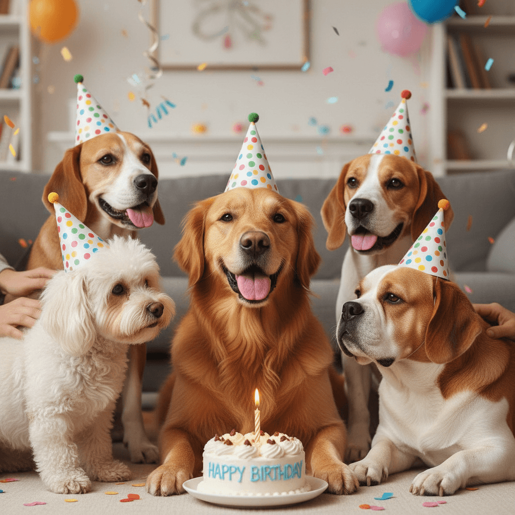 Dog celebrating a birthday with a small cake and party hat