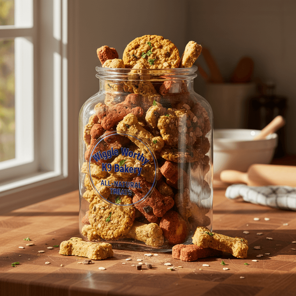 Glass jar of homemade dog treats on a sunlit kitchen counter