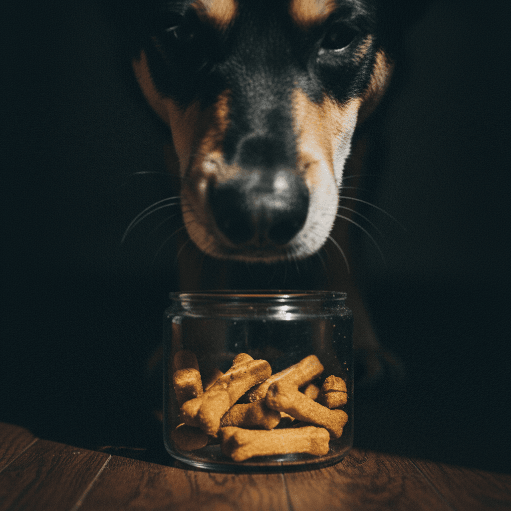Dog sniffing open container of treats on floor with candid flash