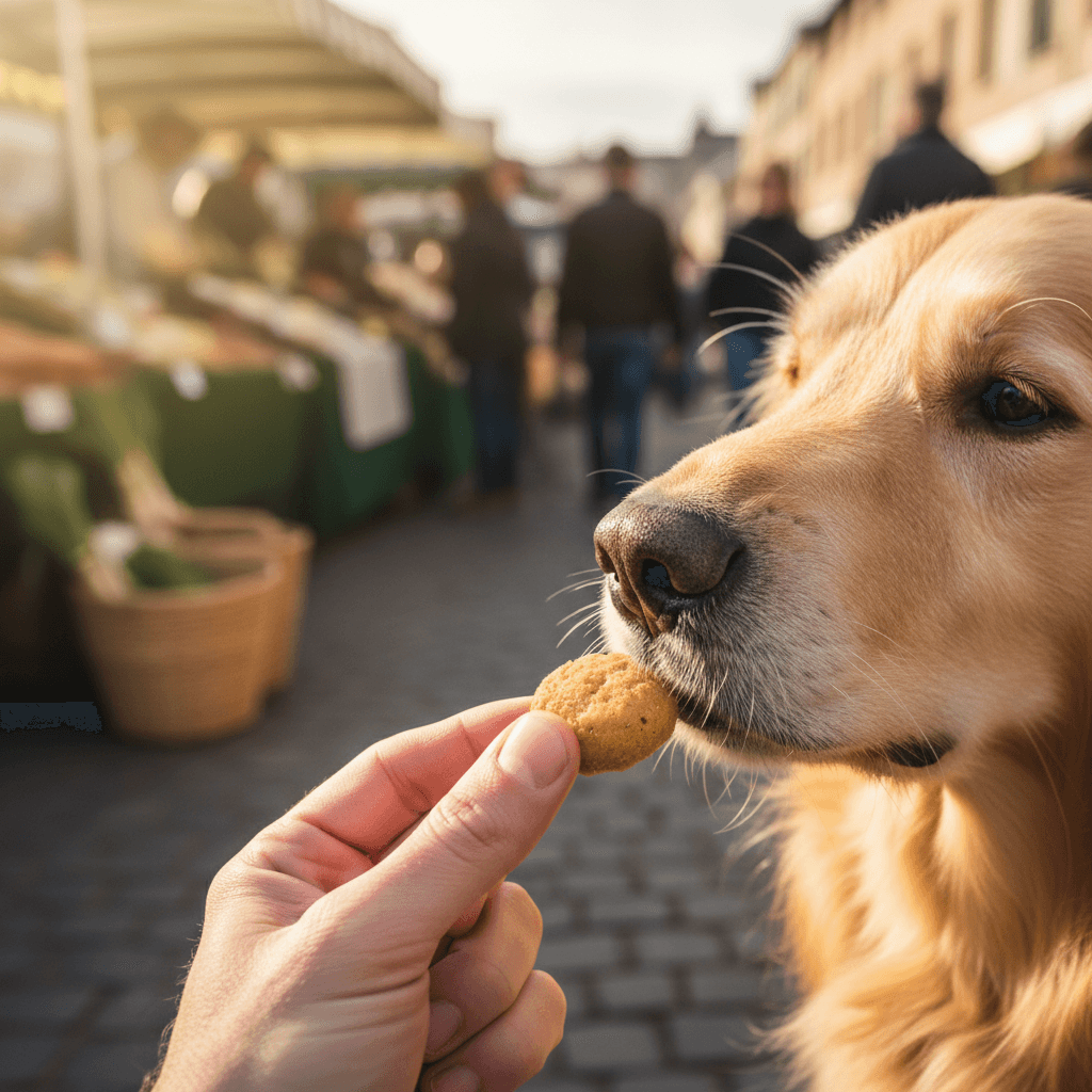 Dog sniffing a homemade treat at a pop-up market