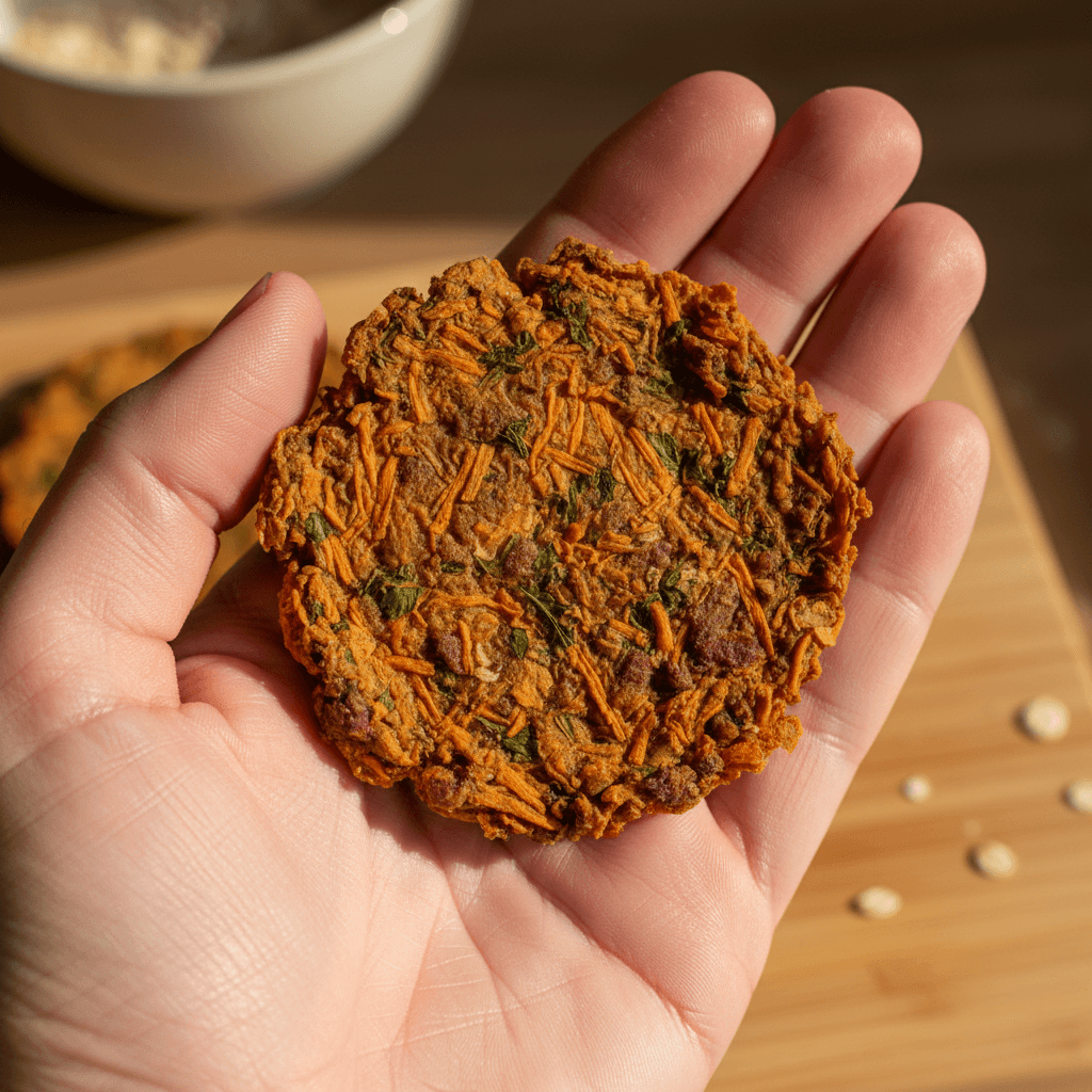 Close-up of a hand holding a dehydrated dog treat with natural texture