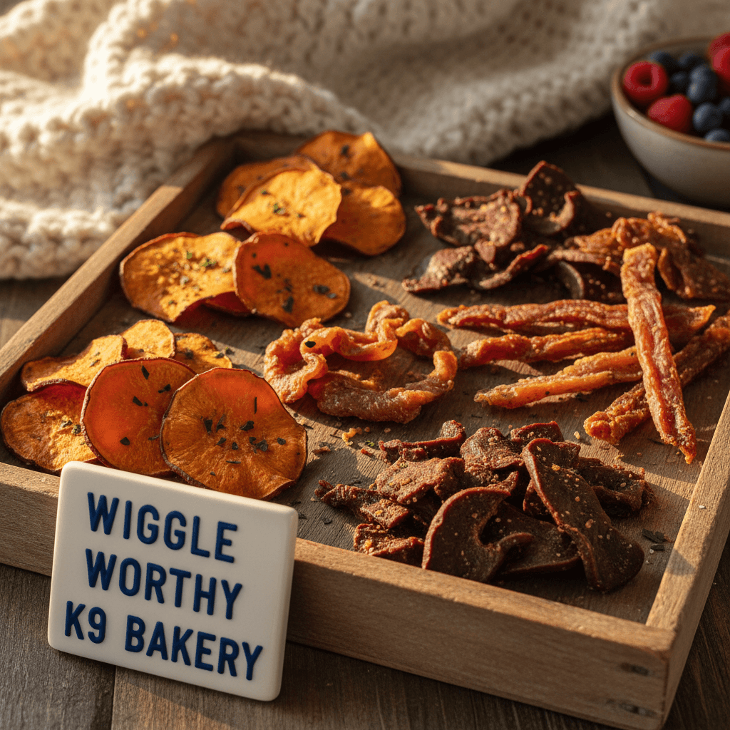 Close-up of natural dog treats on a wooden tray with morning light highlighting textures