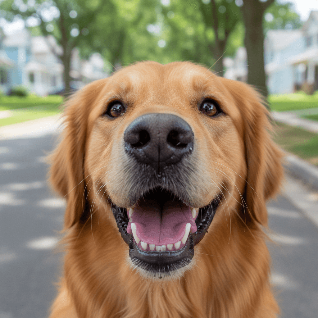 Close-up of a happy dog's face with joyful expression during a sunny midday walk