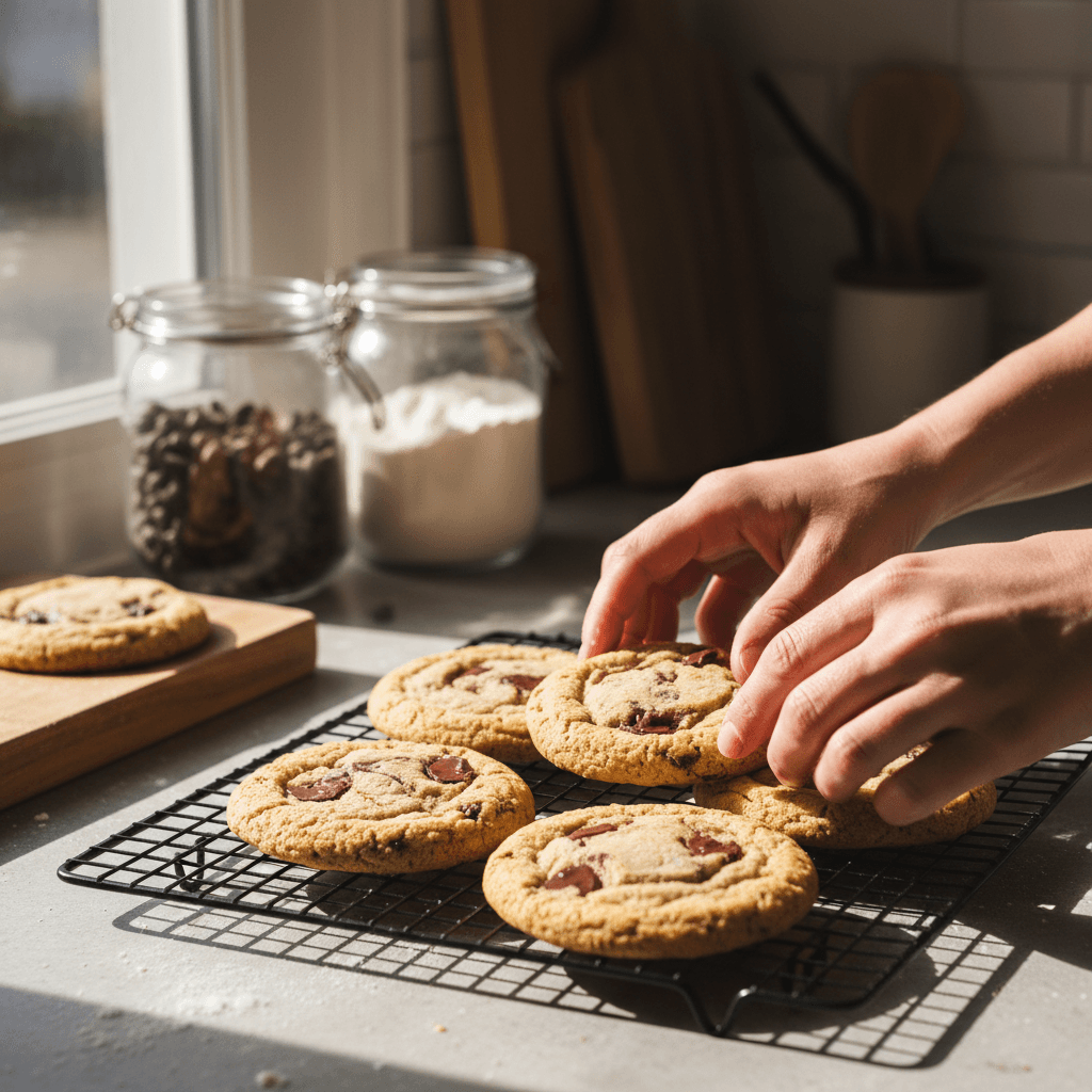 Hands placing homemade dog treats on a dehydrator tray in a home kitchen