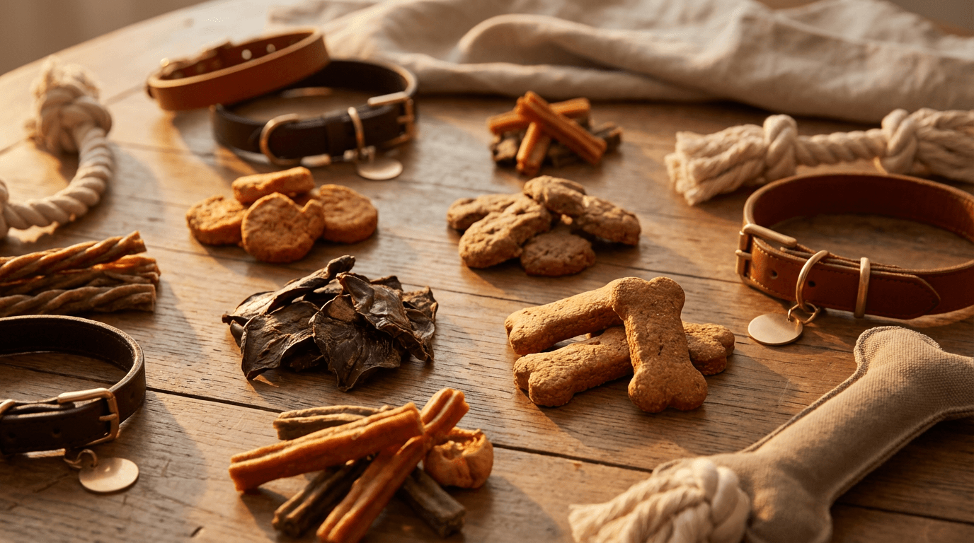 Finished dehydrated dog treats in a glass jar on a wooden counter