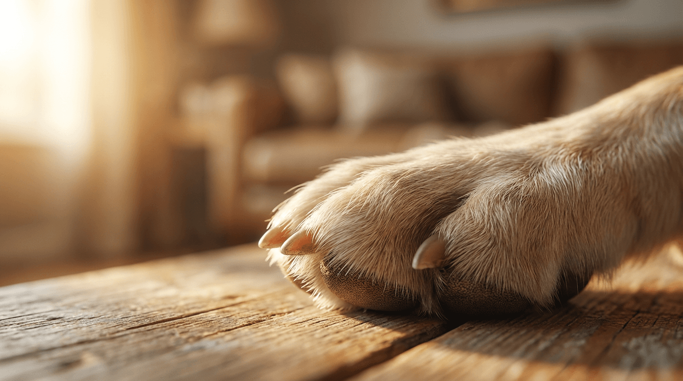 Dog's paw in sunlight with soft bokeh background and drifting dust motes