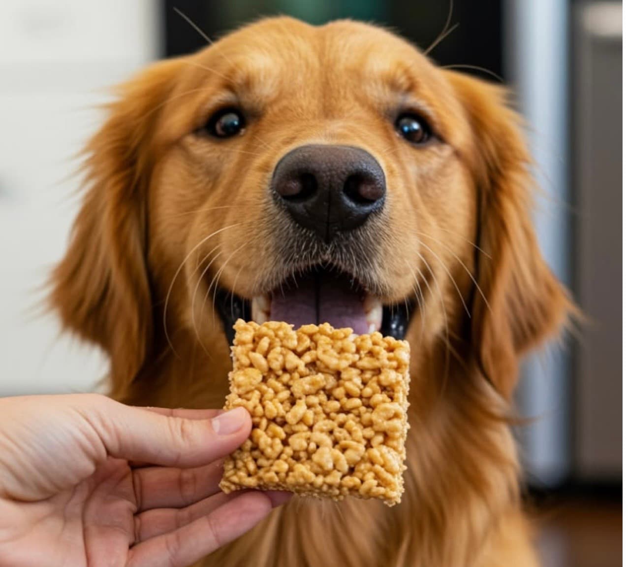 Golden retriever looks excitedly at a square puffed rice treat held by a person's hand.