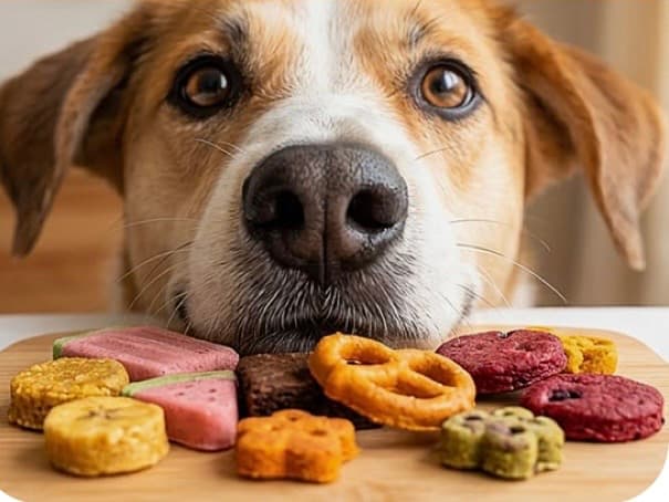 A brown and white dog stares at colorful, shaped treats on a wooden board.