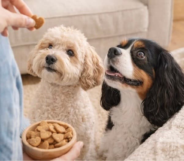 A poodle and spaniel look up eagerly at a hand holding a heart-shaped treat.