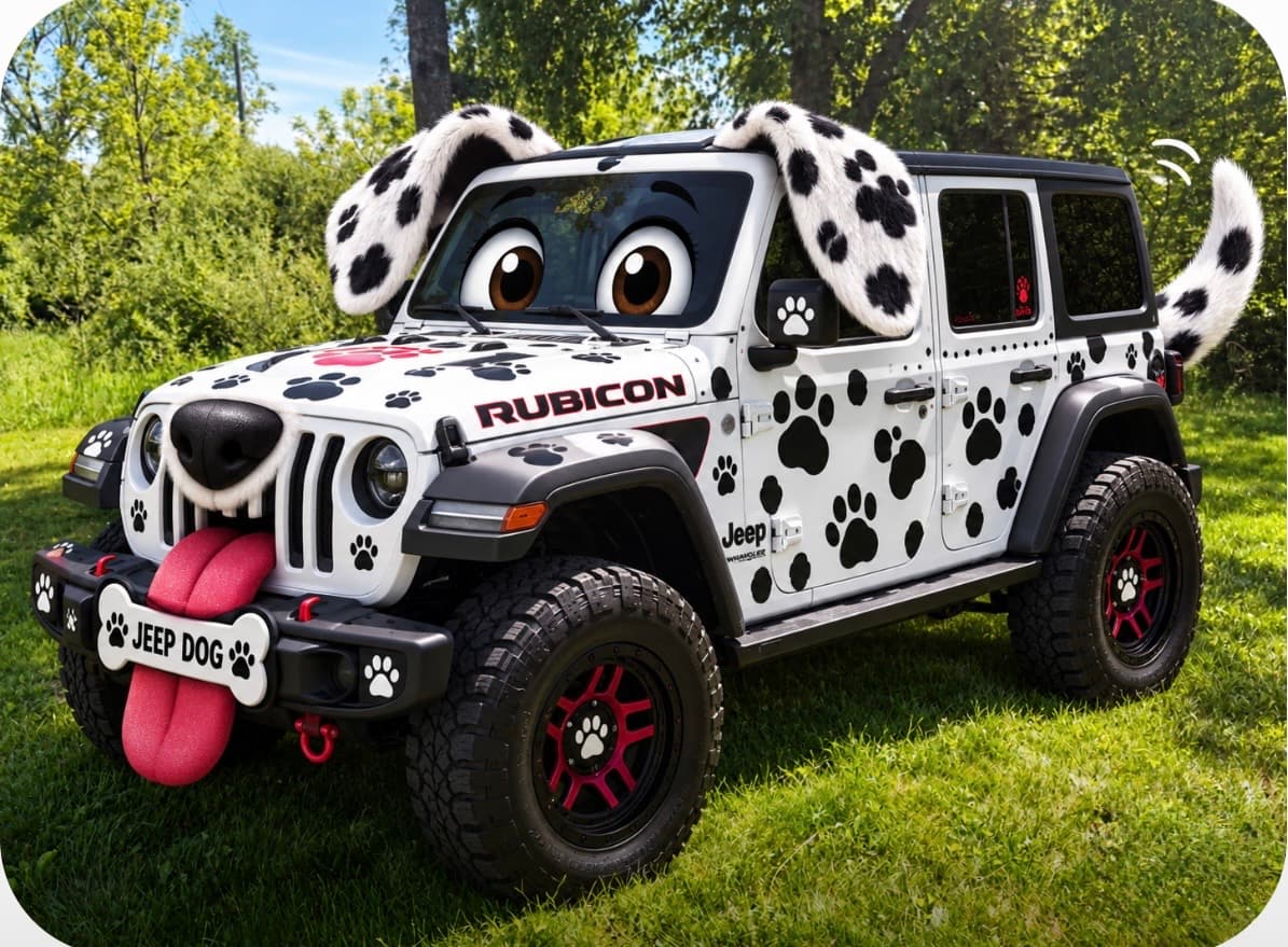 Dalmatian-themed white Jeep Rubicon featuring floppy ears, cartoon eyes, and a long pink tongue.